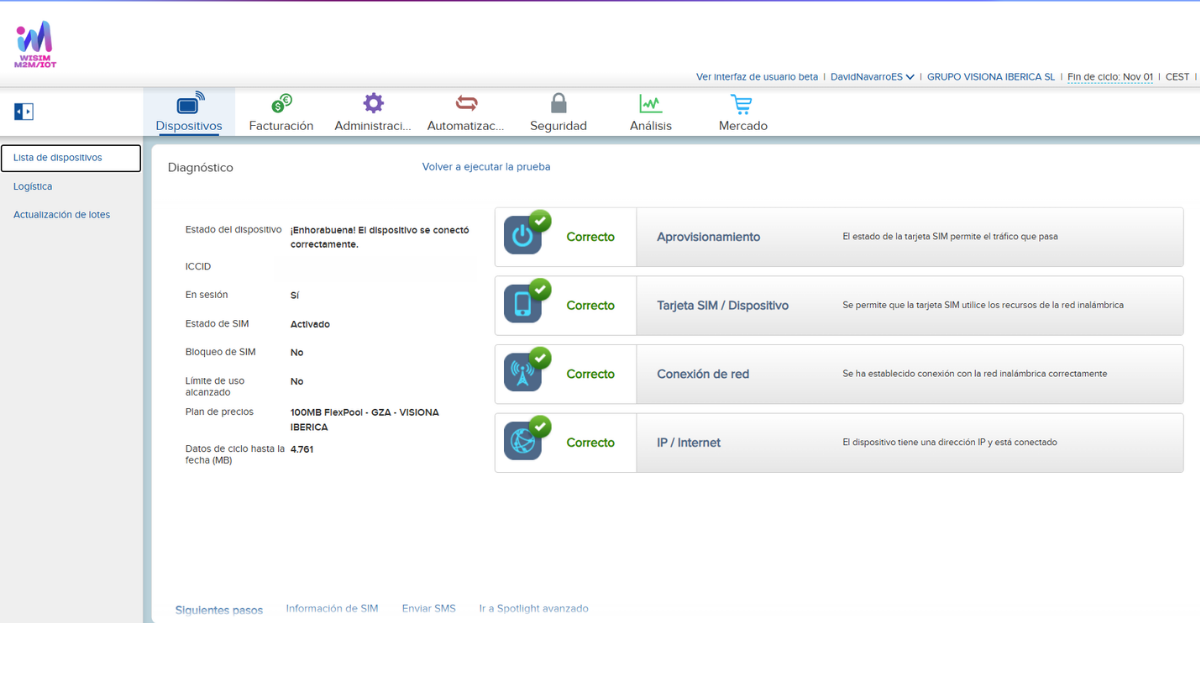 Diagnóstico de una SIM M2M funcionando correctamente en la plataforma WISIM